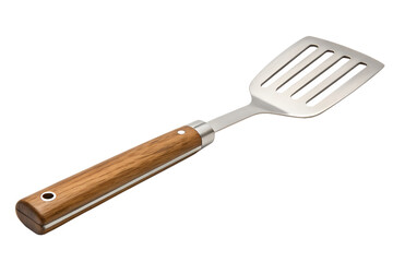 Naklejka premium Durable stainless steel slotted spatula with a wooden handle, an indispensable isolated kitchen utensil. Perfect for flipping and serving food in any culinary environment