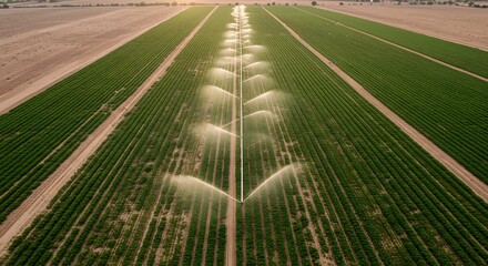 The future of farming: An innovative agri-tech concept showing solar-powered irrigation systems watering vegetable fields in an arid climate at dawn