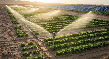 Sustainable agriculture meets clean energy. Sprinklers irrigate lush green crops powered by a large solar panel farm in the background during a golden sunset