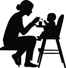 Feeding, baby, caregiver, silhouette, parenting, mealtime, spoon, high chair, nurturing, love, bonding, stool, interaction, care, family