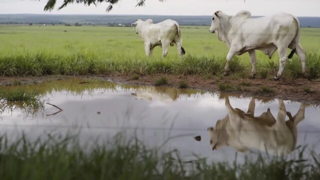 A white brahman bull grazes in a lush green field near a reflective pond