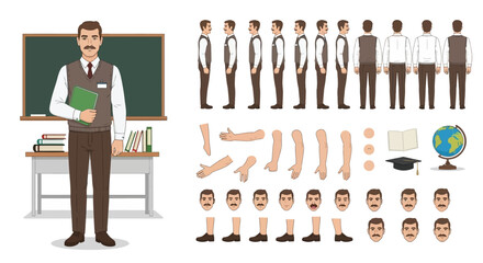 A Detailed Character Rig of a Male Teacher Posed in Front of a Classroom Blackboard with Various Body Part Animations and Expressive Facial Options for Educational Graphics
