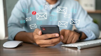 Person holding smartphone with email icons hovering above desk with keyboard and mouse nearby - Powered by Adobe