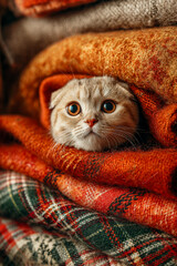 Warm autumn-colored Scottish fold cat blankets stacked together, with a playful kitten nose peeking out, cinematic studio lighting creates soft, cozy textures with seasonal charm.