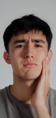 Central Asian man shows discomfort from jaw pain with a thoughtful expression