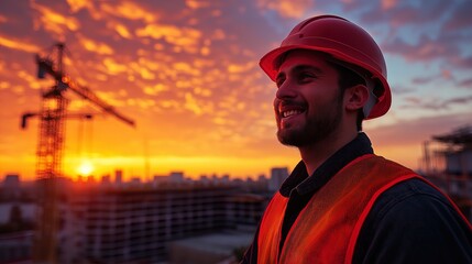 Sunset smiles of a construction worker wearing a red helmet at the site