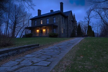 Historic house museum park at dusk, showcasing timeless architecture and beauty