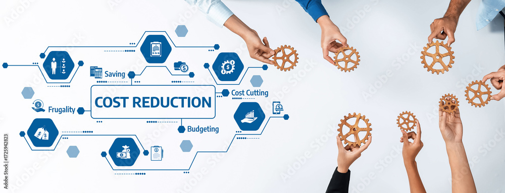 Poster a group of diverse hands collaborating around gears signifying cost reduction strategies, emphasizin