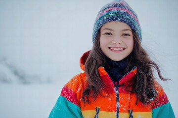 Joyful girl in colorful winter outfit smiling in the snowy landscape