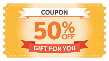 Coupon for Gift: A vibrant coupon, showcasing a generous 50% discount, promises a delightful gift for you, perfect for marketing and promotional campaigns.