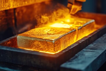 Melting gold flows in the foundry under glowing orange heat