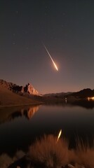 Nighttime lake reflection with shooting star over mountains