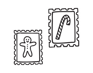two postage stamps with gingerbread man and candy cane. monochrome line art, monochrome line art, clean outline, hand drawn, monochrome line art doodle hand drawn cartoon icon element