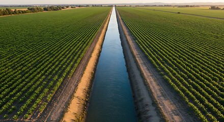 Aerial drone view of a long, straight irrigation canal splitting two vast, green agricultural fields, creating a perfect symmetrical perspective