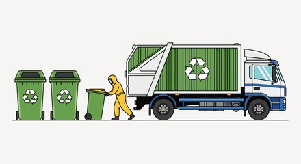Sanitation worker in protective suit collecting waste from recycling bins beside a green garbage truck with recycling symbol