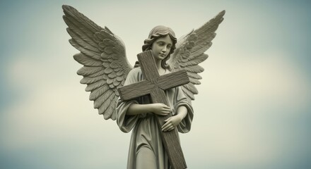 Serene angel statue holding a wooden cross against a soft sky background