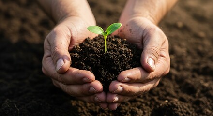 Nurturing the future. Close-up of human hands protecting a small seedling in fertile earth, symbolizing growth, hope, and environmental responsibility