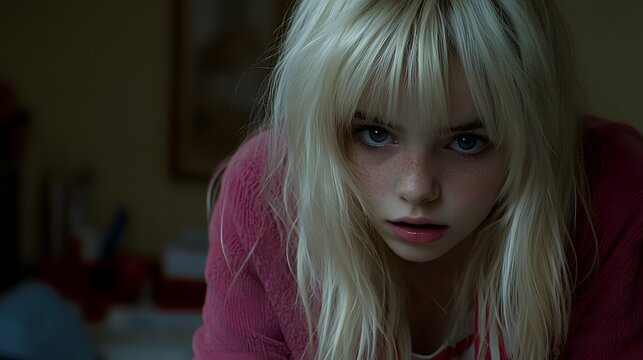 Closeup Portrait Freckled Blonde Girl Pink Sweater