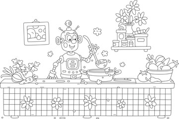 Funny toy robot cooking an original tasty soup with fresh vegetables and spices in a cozy home kitchen, black and white vector cartoon illustration for a coloring book
