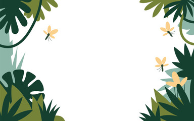 Fototapeta premium Tropical Jungle Leaf Border with Fireflies.