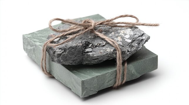 Gift wrapped in green paper and tied with rustic string for eco packaging concept