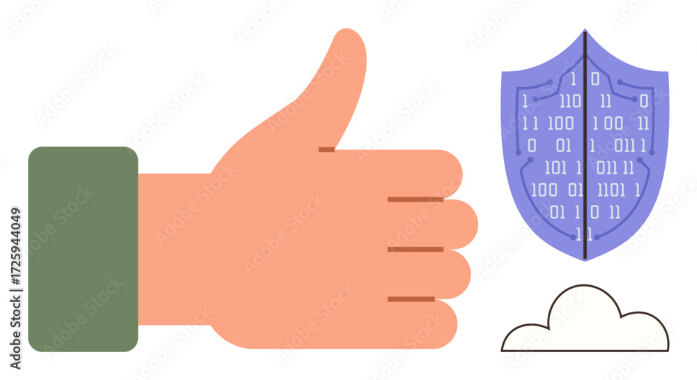 Aufkleber hand giving thumbs-up beside shield with binary code and cloud element. ideal for cybersecurity, app