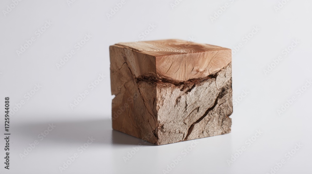Poster wooden cube with natural texture placed on neutral background for rustic design concept