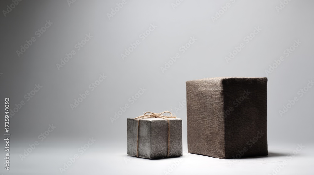 Poster two cubic blocks arranged on neutral background for minimal geometric design product concept