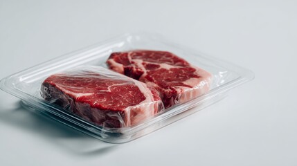 Packaged raw red meat in transparent plastic container for food industry product concept