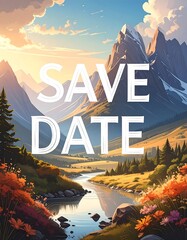 Scenic mountain valley, autumn colors, save the date