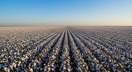 Cotton Field Landscape Vast rows of fluffy cotton stretch towards the horizon under a clear blue sky. a testament to nature's bounty and the labor of cultivation