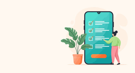 Digital Checklist App Interface Showing Tasks Completed by a Person Using a Smartphone in a Minimalist Illustration Style