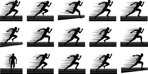 Running, silhouette, motion, speed, athlete, sprint, fitness, sequence, dynamic, sport, exercise, track, movement, action, energy