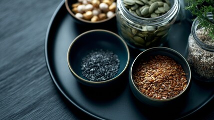 Assorted seeds and nuts in black bowls on wooden table for healthy organic food concept