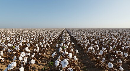 Cotton Field Vista An expansive cotton field stretches towards the horizon under a clear blue sky, showcasing the beauty of agriculture