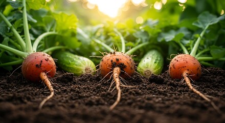 Vibrant Garden Bounty Freshly harvested radishes and cucumbers emerge from the fertile soil, bathed in the warm glow of the sun, creating a harmonious scene of nature's abundance