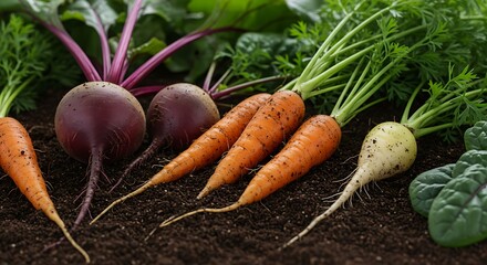 Garden Harvest A vibrant assortment of fresh, organically grown root vegetables bursts forth from the fertile soil, symbolizing the bounty of nature and the goodness of a healthy harvest