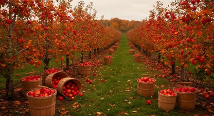 Autumn Orchard Harvest A vibrant orchard in autumn, where rows of apple trees laden with ripe red fruit create a picturesque scene. Wooden baskets overflow with the freshly picked harvest