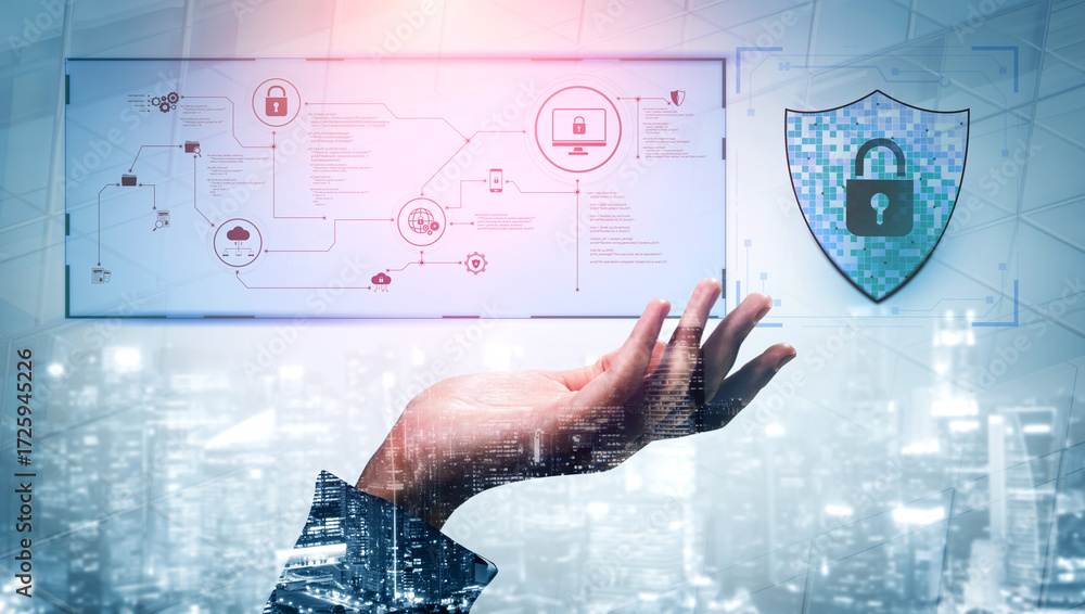 Poster cyber security protects against breaches, hacks, and network attacks using strong infrastructure and