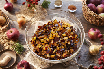 Diced plums, apples, ginger, onion and spices - ingredients for chutney - homemade relish