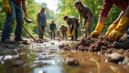 Volunteers in yellow gloves collaborate cleaning polluted river, removing debris, improving water quality. Group works together on muddy ground. Community effort promotes environmental protection,
