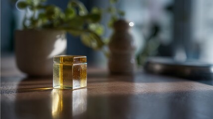 Glass bottle with golden oil on wooden surface for natural lifestyle wellness product photography concept