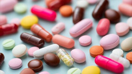 Pile of colorful pills and tablets on surface for healthcare pharmaceutical product lifestyle photography concept