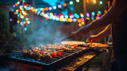 Grill master turning skewers with vegetables and meat on smoky outdoor barbecue. Festive bokeh lights glow in background. Outdoor party and summer barbecue atmosphere