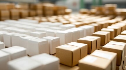 Obraz premium Warehouse filled with stacked cardboard boxes for storage delivery commerce lifestyle product photography concept