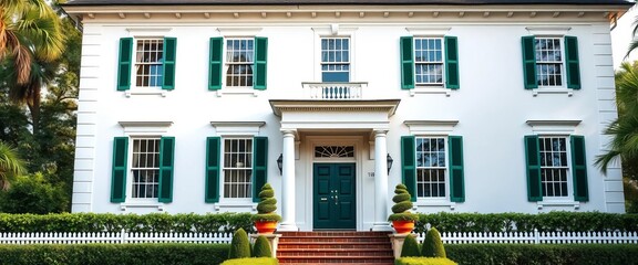 Obraz premium Classic white colonial facade, symmetrical windows, green shutters, pillared entryway, dormers, columns