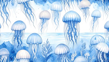 Watercolor Blue Jellyfish Underwater Scene: Ocean Life, Marine Animals, Aquatic Plants