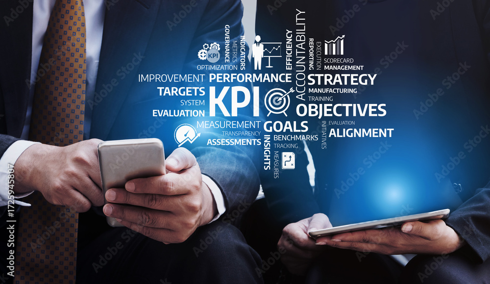 Poster two business professionals engage with smartphones, exploring key performance indicators and strateg