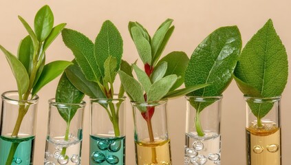 Green leaves of various plants sprout from test tubes filled with colored liquids, representing plant research or natural remedies