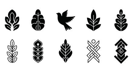 A versatile set of black vector icons, showcasing cultural symbols from nature, a flying dove representing peace, and geometric unity.